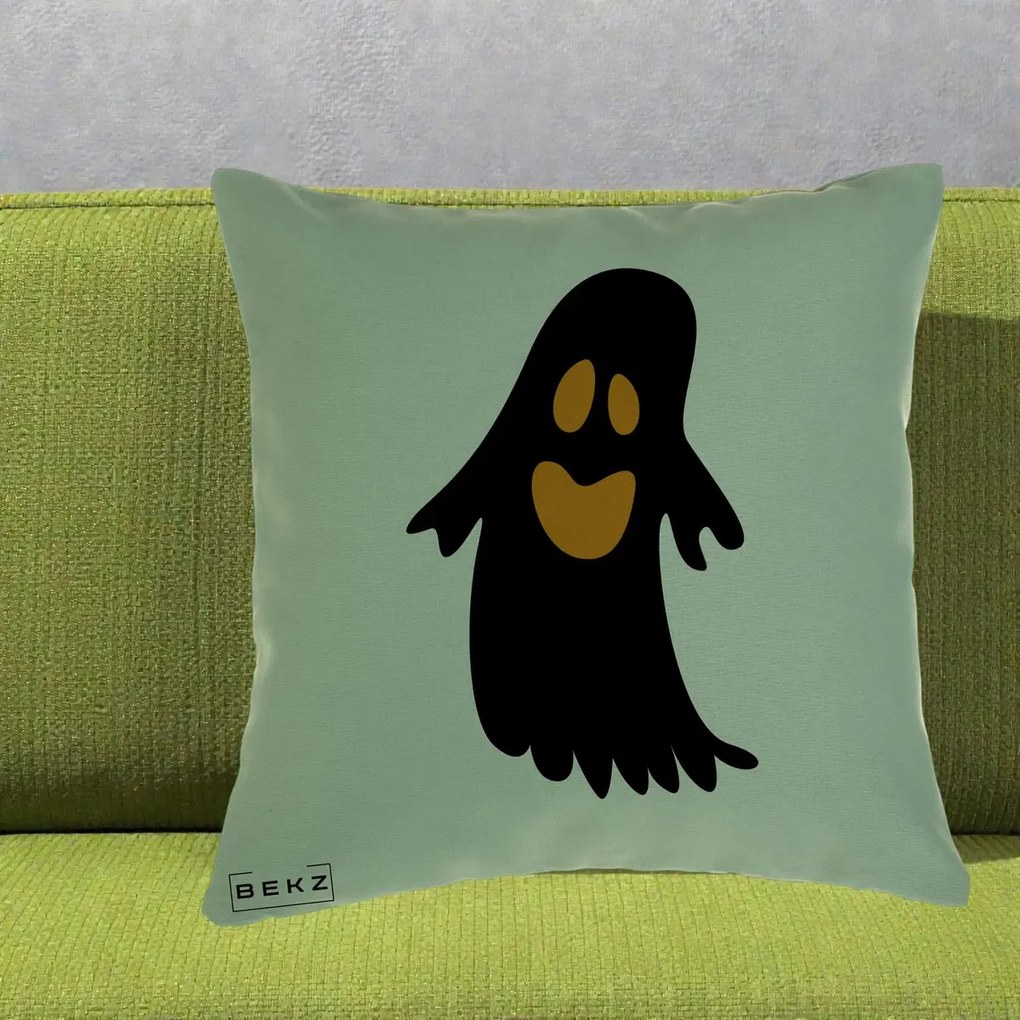 Perna Decorativa Halloween Fantoma Neagra cu Ochi Portocalii, 40x40 cm, Verde, Husa Detasabila, Perna Inclusa, BEKZ®
