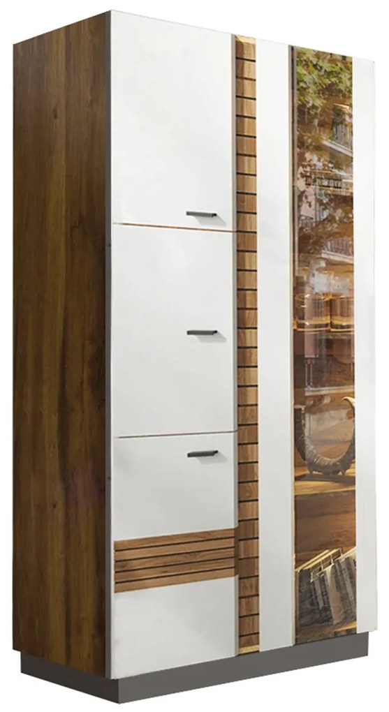 Living VAL GARDENA Z.A., 4 corpuri, cu lumini LED, corp PAL nuc, fronturi MDF late lucios, 302x53x199 cm