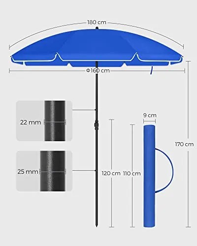 Umbrela de gradina albastra din poliester si metal, ∅ 160 cm, Vasagle