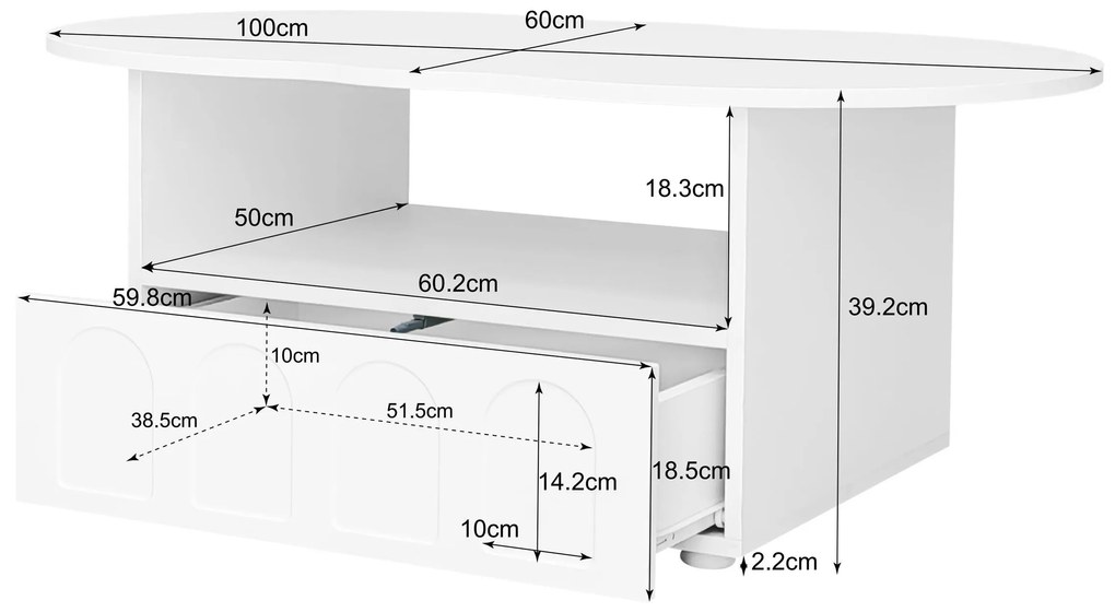 Masă de cafea în formă de nor cu sertare și spații de depozitare, 100×60×39,2 cm, Alb