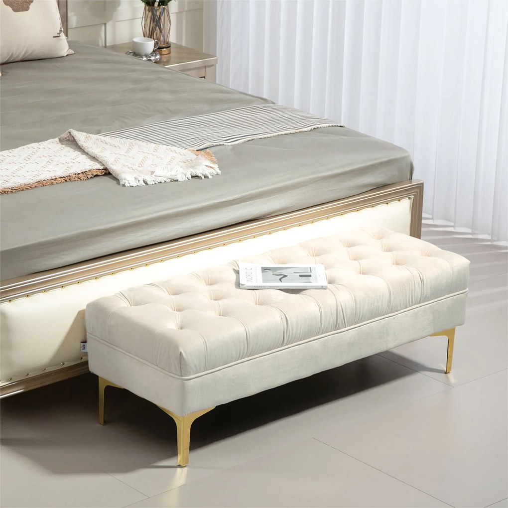 HOMCOM Bancă cu Husă Capitonată, Bancă Tapițată din Catifea cu Picioare Metalice, 118x45x42 cm, Bej | Aosom Romania