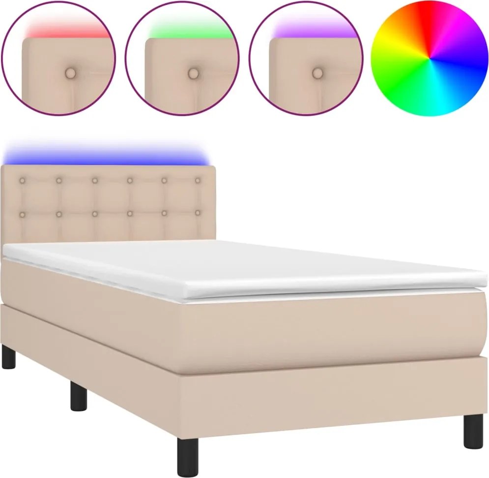 vidaXL Pat cu arcuri, cu saltea și LED cappuccino 90x190 cm, piele eco