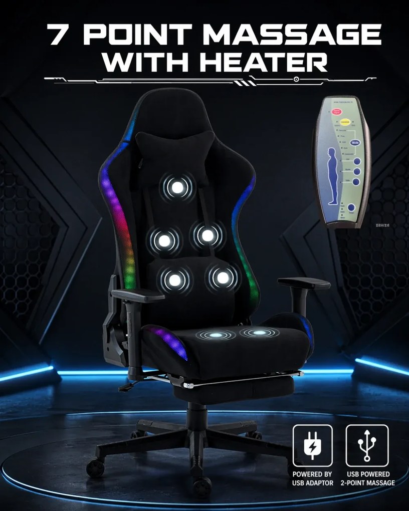 Scaun Gaming cu Masaj 7 Puncte și Încălzire, RGB, Iluminare LED Multicolor, Telecomenzi, Cotiere 3D, Reclinare 180°, Suport Picioare, Catifea, Negru