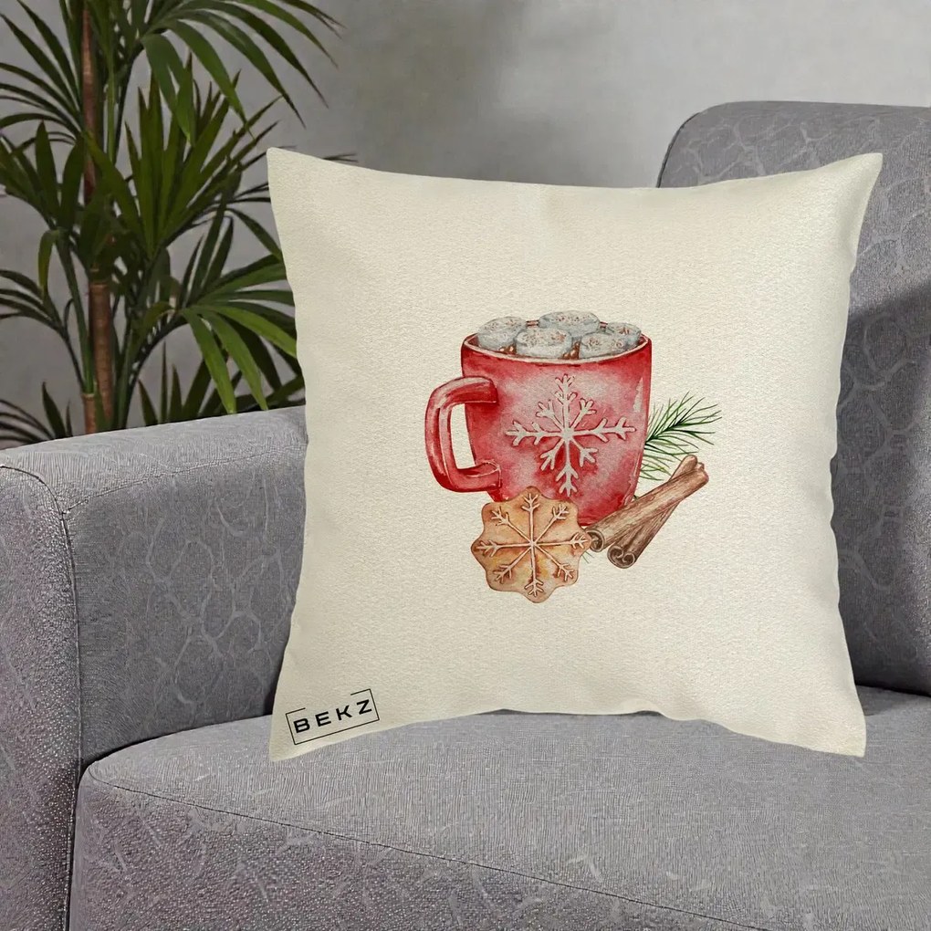 Perna Decorativa Cacao de Iarna cu Biscuit, 40x40 cm, Ecru, Husa Detasabila, Perna Inclusa, BEKZ®