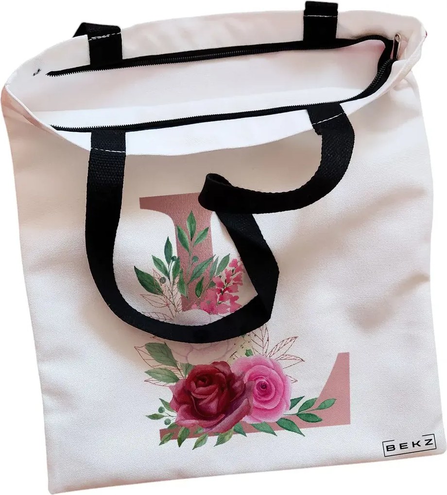 Sacosa de Panza pentru Cumparaturi, Geanta Tote, Cu litera L Rose Gold si Trandafiri, Cu fermoar, 38x34.5 cm, Alba, BEKZ®
