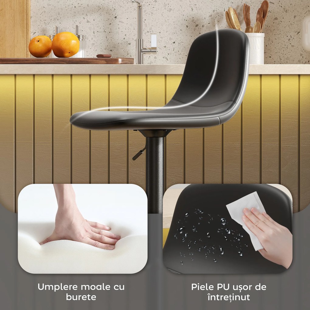 HOMCOM Set 2 Scaune de Bar cu Spătar și Înălțime Reglabilă din Piele PU Neagră | Aosom Romania