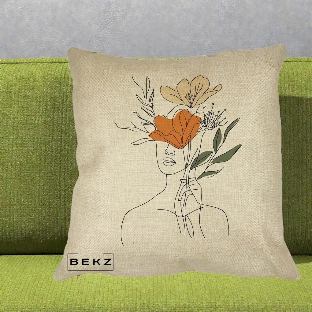 Perna Decorativa Portret Feminin Coroana Florala, 40x40 cm, Crem, Husa Detasabila, Perna Inclusa, BEKZ®