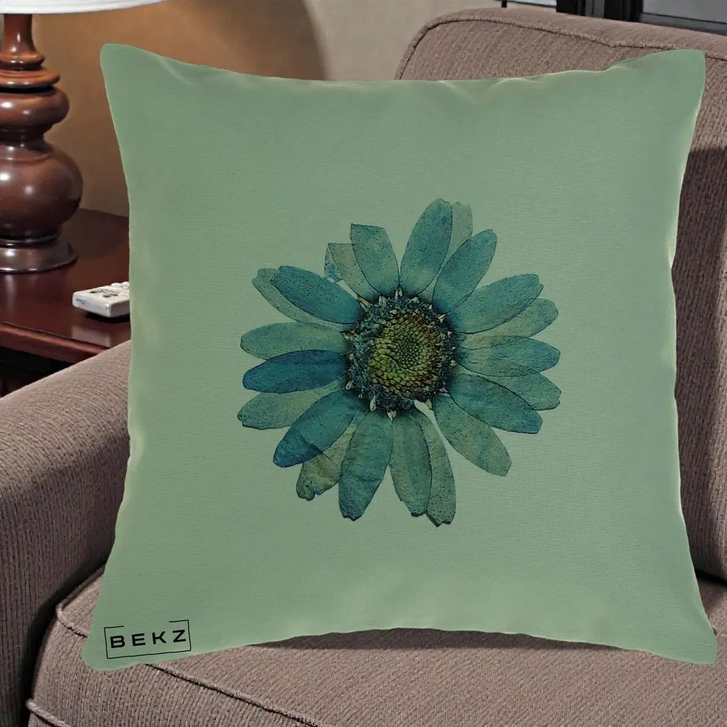 Perna Decorativa Floare Margareta Albastra Acuarela, 40x40 cm, Verde, Husa Detasabila, Perna Inclusa, BEKZ®