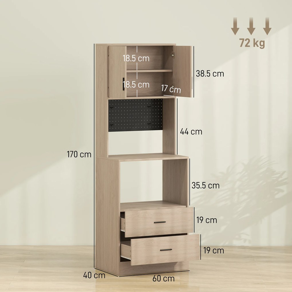 HOMCOM Mobilier pentru cuptor cu microunde, bufet, 2 sertare, 2 uși, blat de lucru, poliță reglabilă, panou perforat, 4 cârlige, lemn natural | Aosom Romania