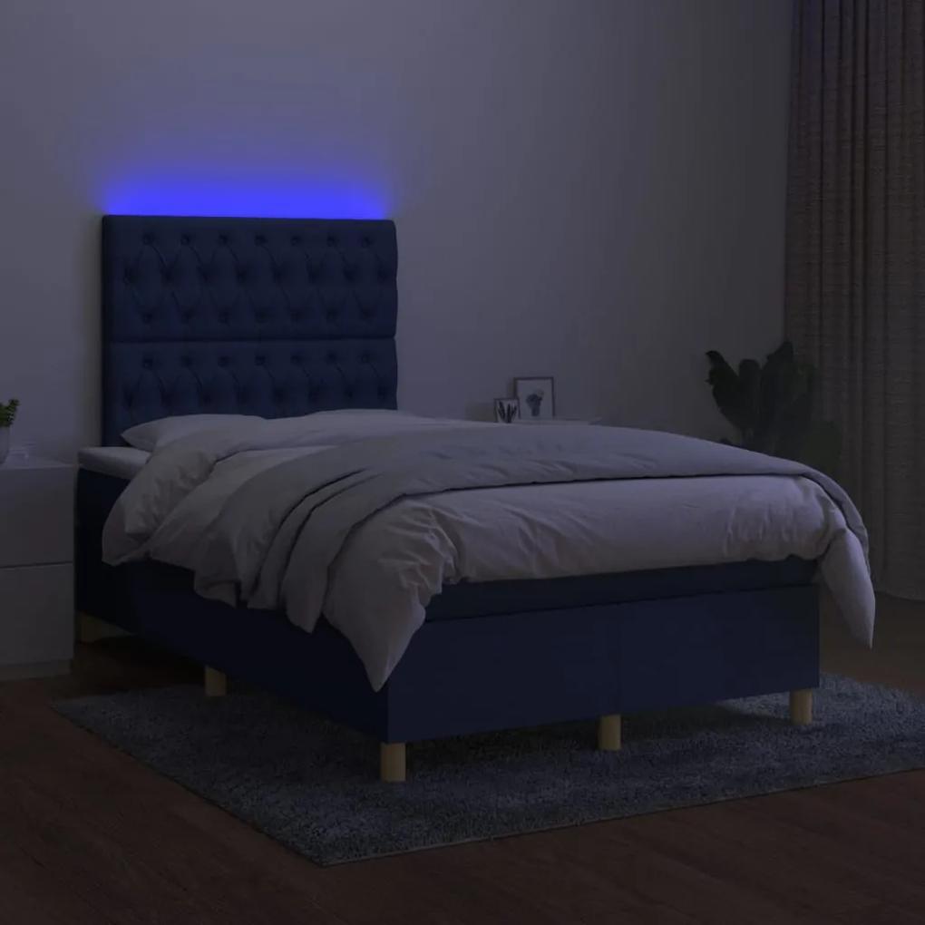 Pat cu arcuri, saltea si LED, albastru, 120x200 cm, textil Albastru, 120 x 200 cm, Design cu nasturi