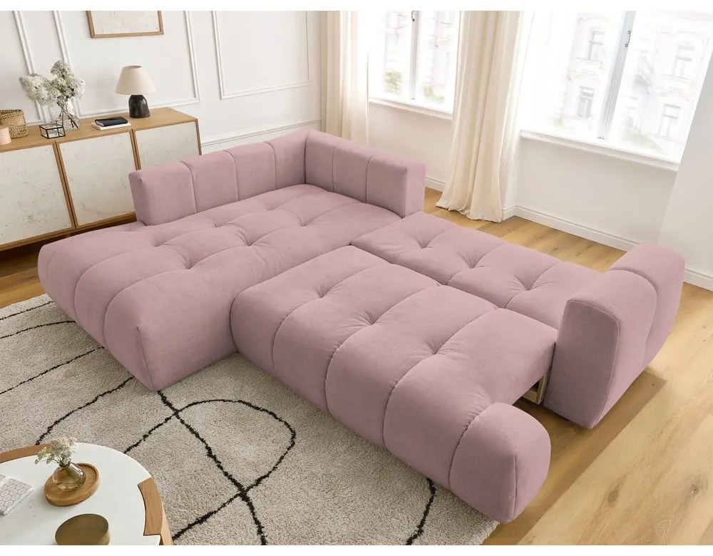 Colțar roz extensibil/cu spațiu de depozitare (cu colț pe partea stângă/în formă de ”L”) Fuji – Bobochic Paris