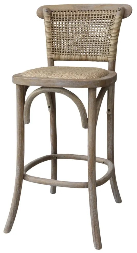 Scaun de bar, din lemn de cauciuc, rattan si rachita, cu aspect vintage, Old French