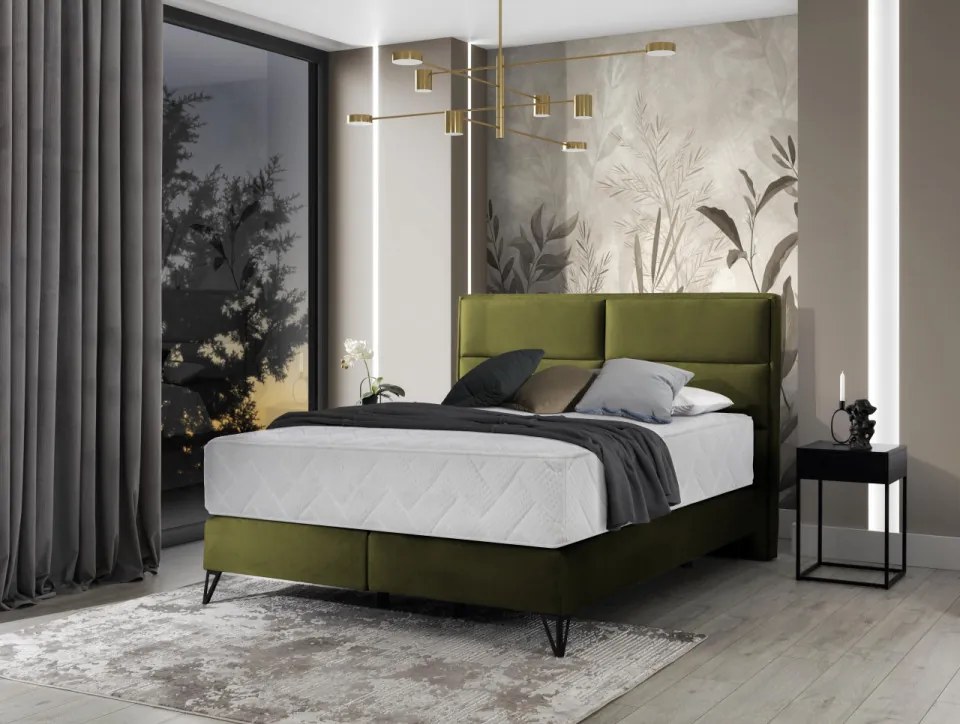 Pat tapitat, boxspring, 160x200 cm, Safiro 161, Eltap (Culoare: Verde lucios / Nube 35)