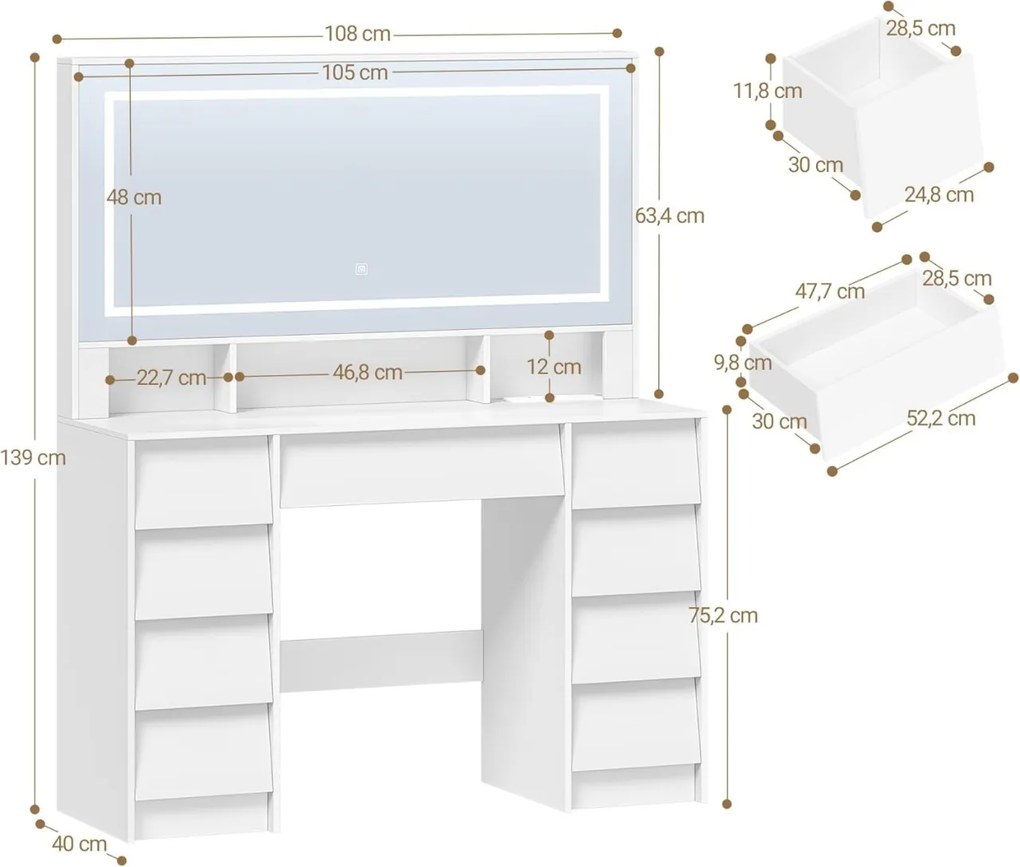 Masuta machiaj cu Oglinda LED si 9 Sertare pentru Cosmetice, Set Masa toaleta 109 cm, Alb, masuta cosmetica, vanity - SEA19