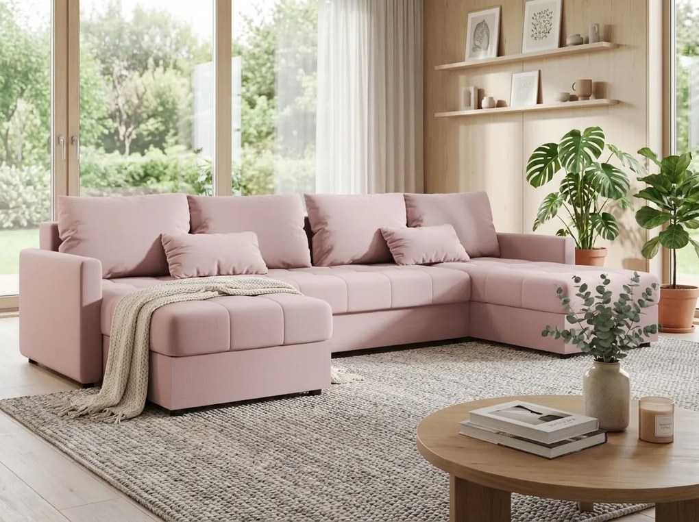 OFERTA Set canapea extensibila in forma de U VENORIA 285x146 cm, roz pudra + 2 pernute GRATUIT Calitatea II