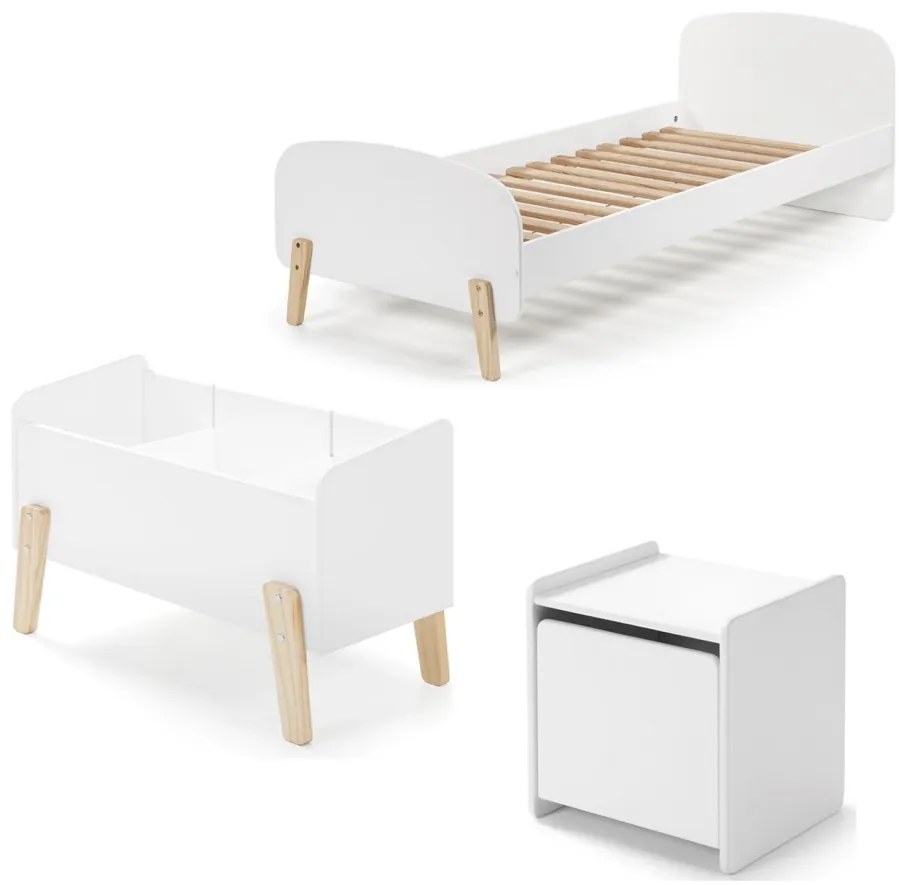 Set Mobilier Kiddy pentru Camera Copii – Pat 90x200 cm, Noptieră & Cutie Jucării – Alb – Vipack