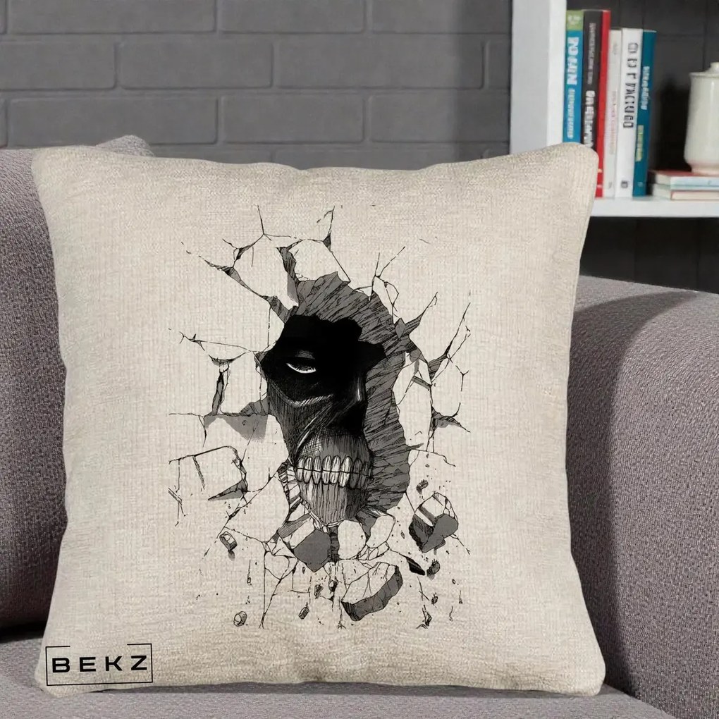 Perna Personalizata Attack on Titan Titan Crapand Zidul, 40x40 cm, Bej Canapea, Husa Detasabila, Perna Inclusa, BEKZ®