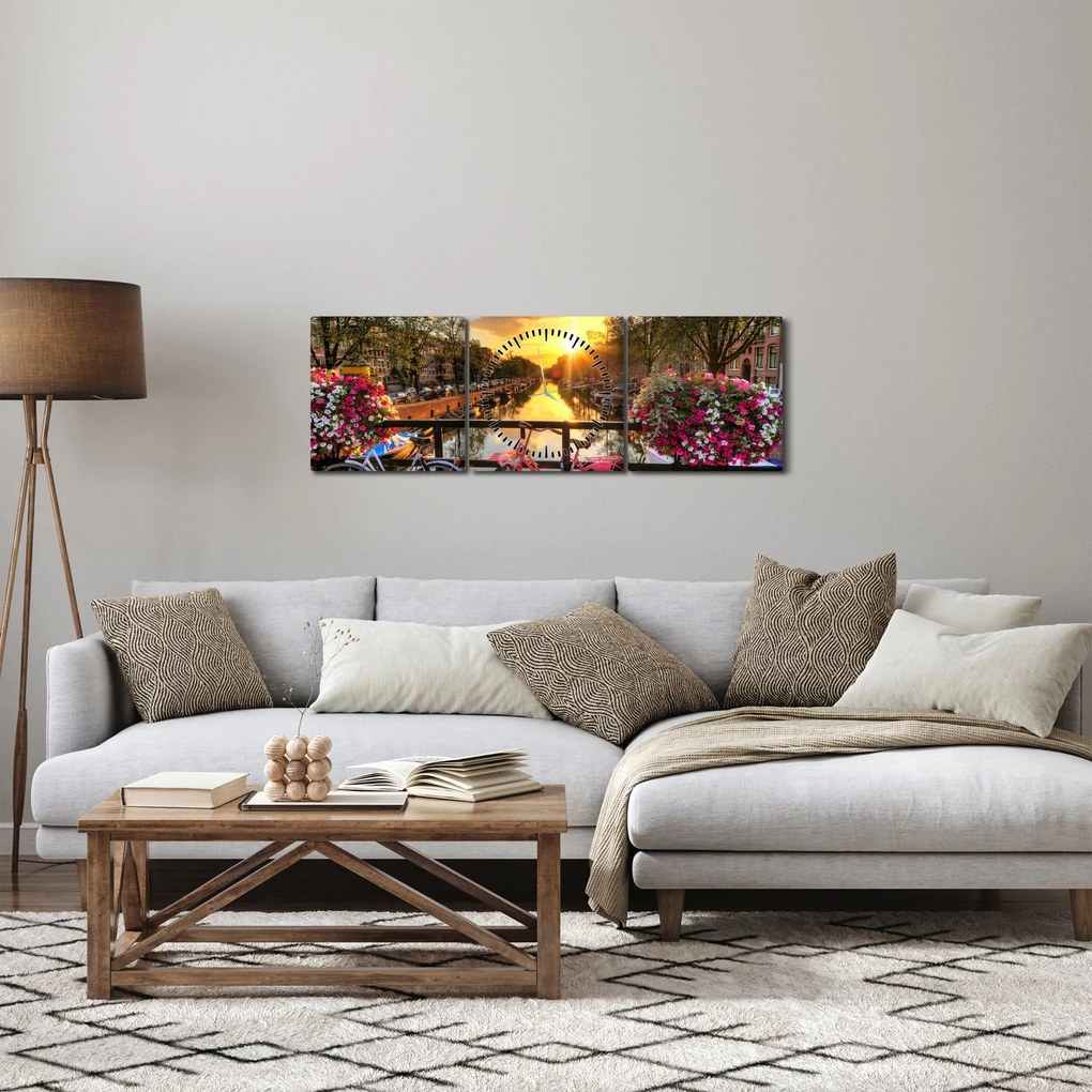 Tablou - Răsărit de soare la Amsterdam (cu ceas) (90x30 cm)