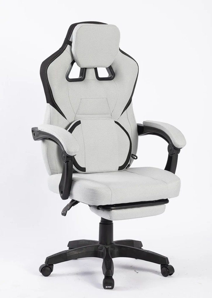 Scaun gaming, suport lombar cu masaj, rabatabil 90°-135°, suport picioare, material textil respirabil, Gri deschis