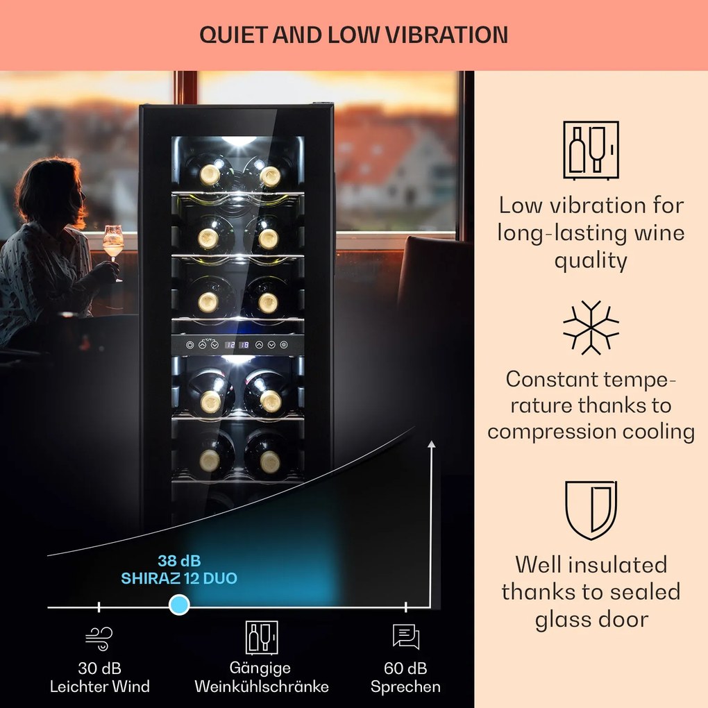 Klarstein Shiraz 12 Duo răcitor de vinuri Duo 2 zone 42L/12 sticle 5-12 / 12-18 °C Touch