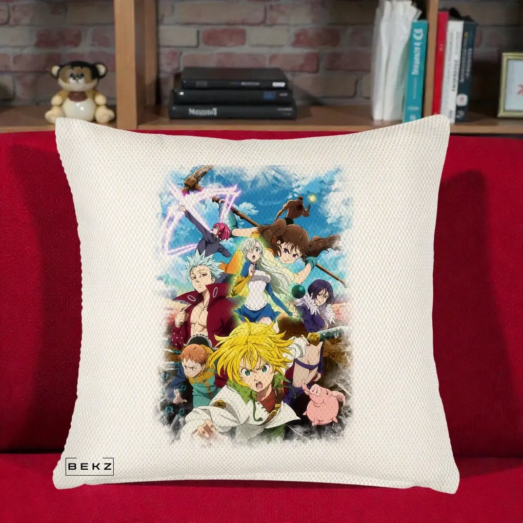 Perna Personalizata Nanatsu no Taizai Cele Sapte Pacate Mortale Anime, 40x40 cm, Crem Reliefat, Husa Detasabila, Perna Inclusa, BEKZ®