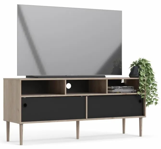 Comoda TV neagra cu decor de stejar Jackson Hickory, ELISEO