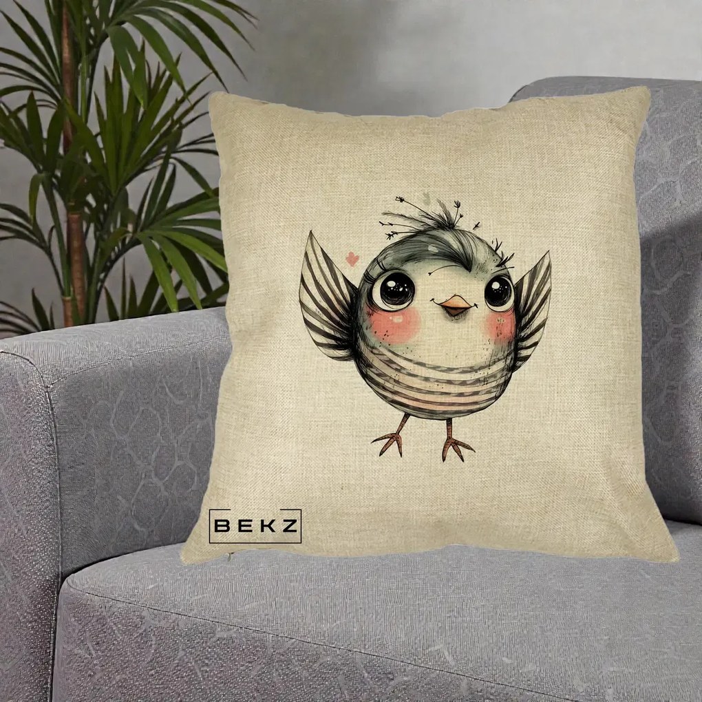 Perna Decorativa Pasare Gri cu Aripi si Inimioare, 40x40 cm, Crem, Husa Detasabila, Perna Inclusa, BEKZ®