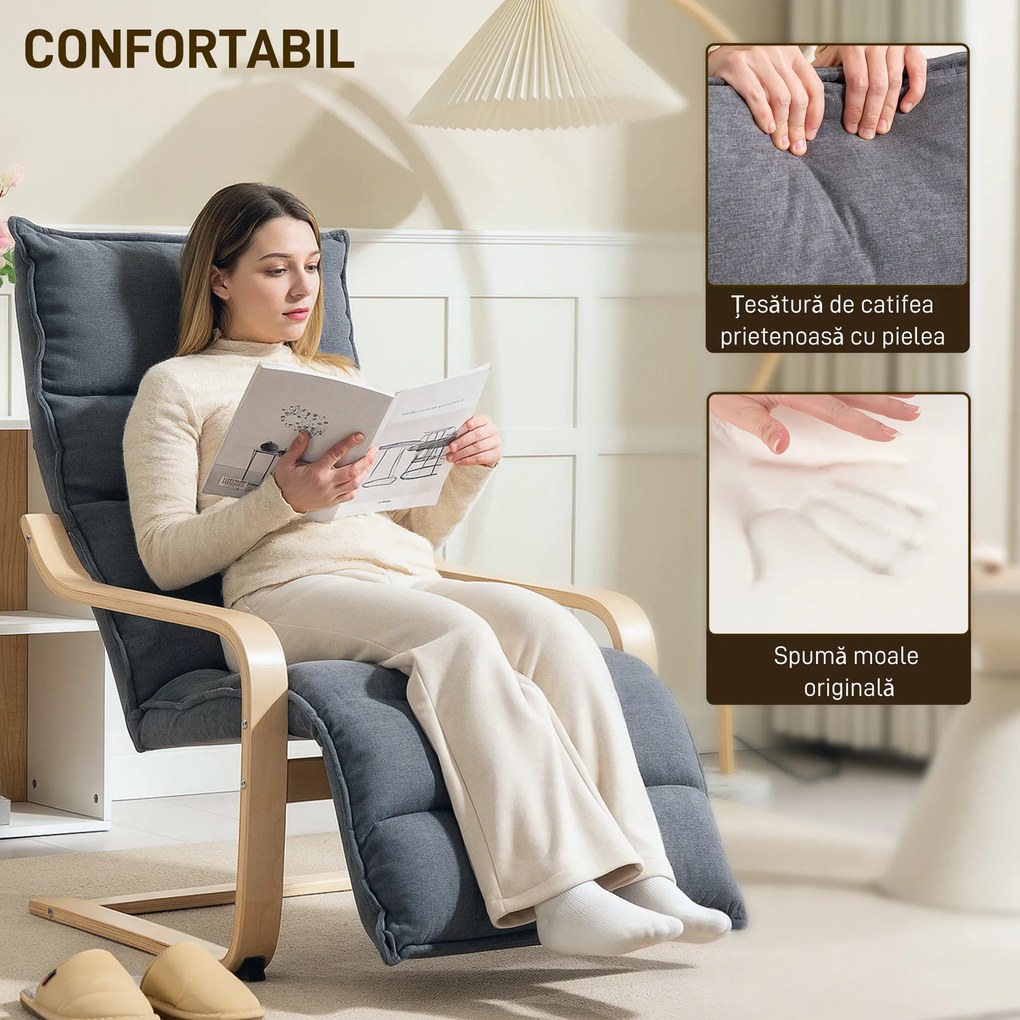 HOMCOM Fotoliu Ergonomic Lemn și Catifea Suport pentru Picioare Reglabil Gri Închis | Aosom Romania