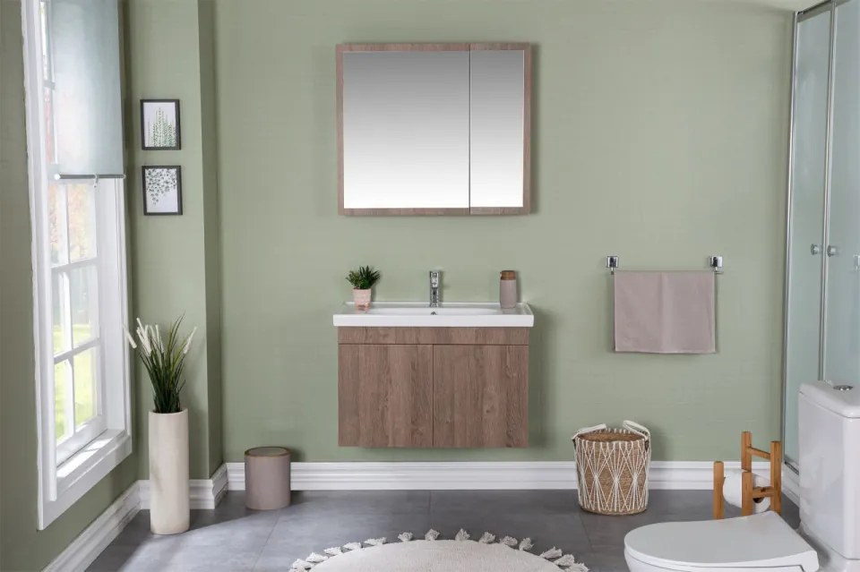 Set Mobilier Baie Bryce, Include Baza Lavoar, Lavoar și Corp cu Oglinda, 80 cm, Nuc