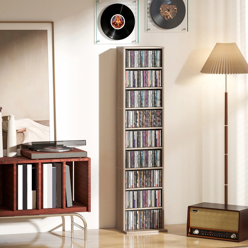 HOMCOM Raft pentru CD-uri cu 6 Rafturi Ajustabile, Capacitate 260 CD-uri/120 DVD-uri, 33x24x140 cm, Lemn Natural | Aosom Romania