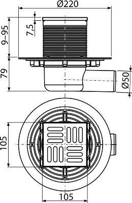 Sifon pardoseala 105Ã 105 50 mm iesire laterala, gratar din otel inoxidabil, sistem de retinere a mirosurilor umed APV101