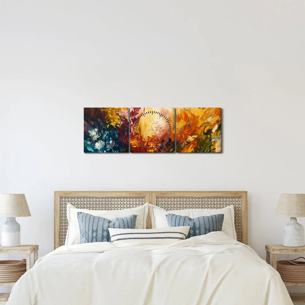 Tablou - pictură abstractă de flori (cu ceas) (90x30 cm)