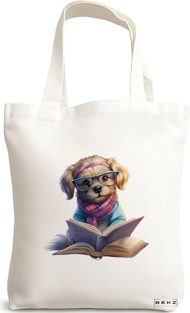 Sacosa de Panza pentru Cumparaturi, Geanta Tote, model Reading puppy 31 38 x 34.5 cm, Alba, BEKZ®