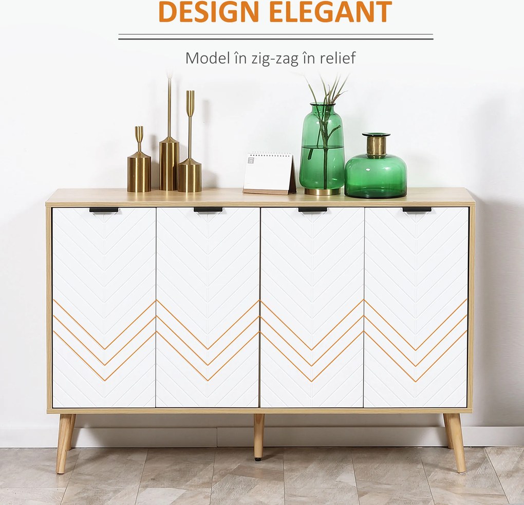 HOMCOM Comodă Bucătărie, Mobilier de Bucătărie cu Rafturi Reglabile și Picioare din Lemn de Pin, Bufet Modern pentru Living, Living, Sala de Mese, 120x35x77,4cm, Natural și Alb | Aosom Romania