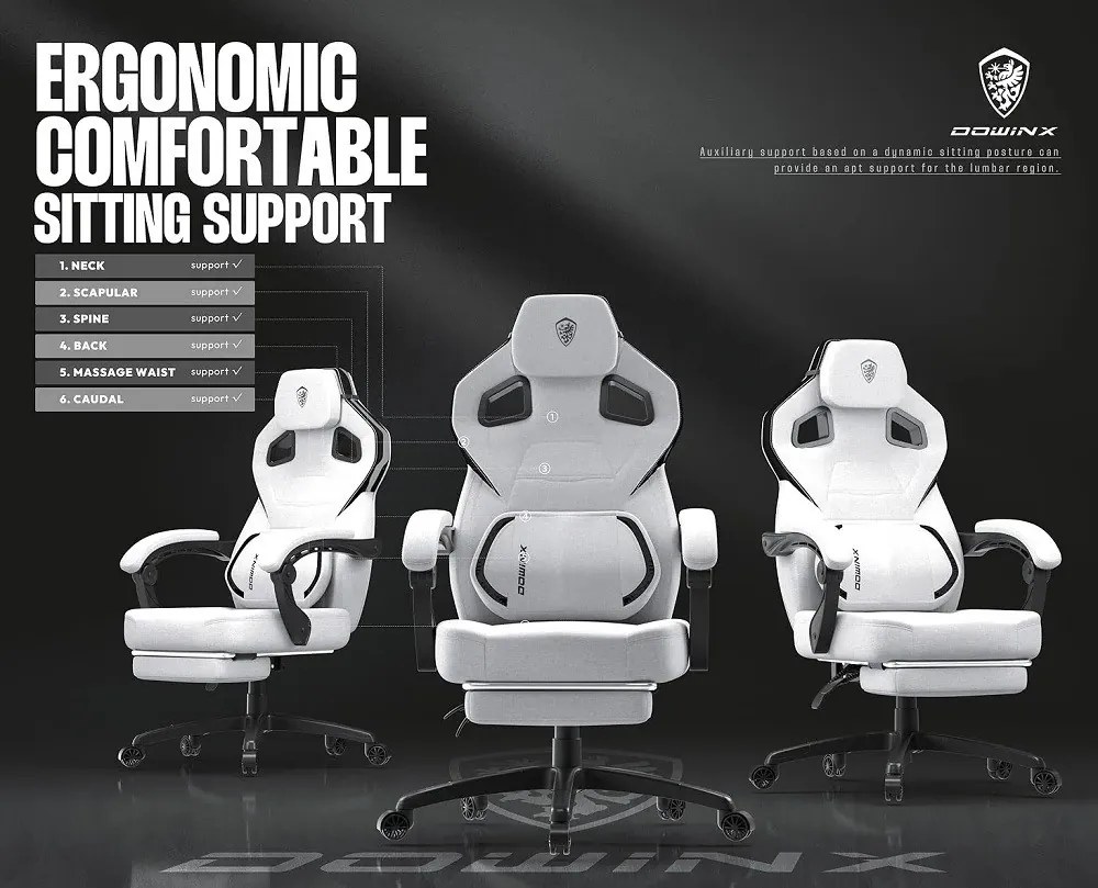 DOWINX Scaun gaming, ergonomic, suport lombar cu masaj, Șezut cu Arcuri Metalice și Spumă, Spătar înalt, rabatabil 90°-135°, Suport picioare, rezistent 150 kg, material textil respirabil, Gri