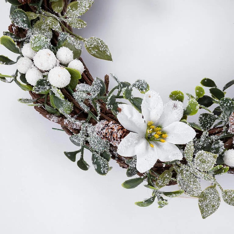 Coroniţă de Crăciun din nuiele POINSETTIA albă, 30 cm