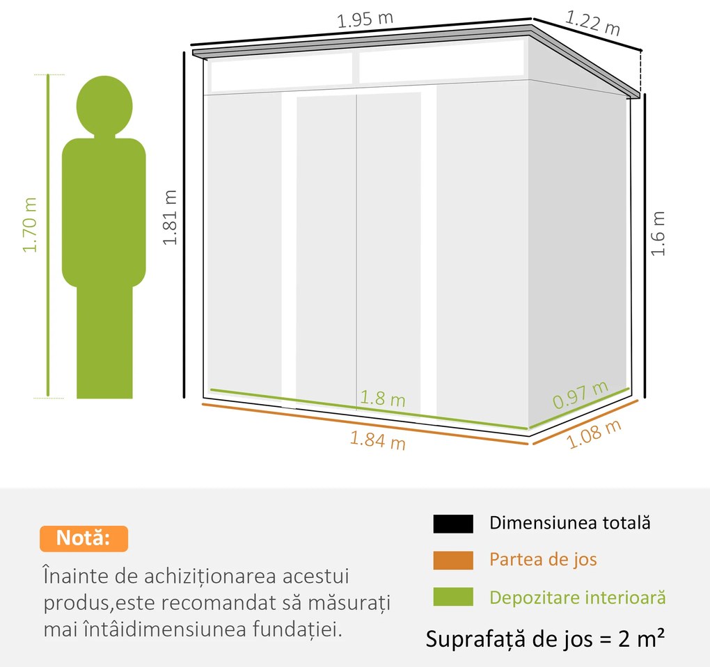 Outsunny Magazie 6,5 x 4 FT din metal galvanizat cu fundatie pentru gradina, Depozit cu incuietoare pentru unelte, Gri