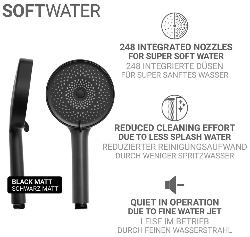 Cap de duș negru mat din plastic ø 12 cm Softwater – Wenko