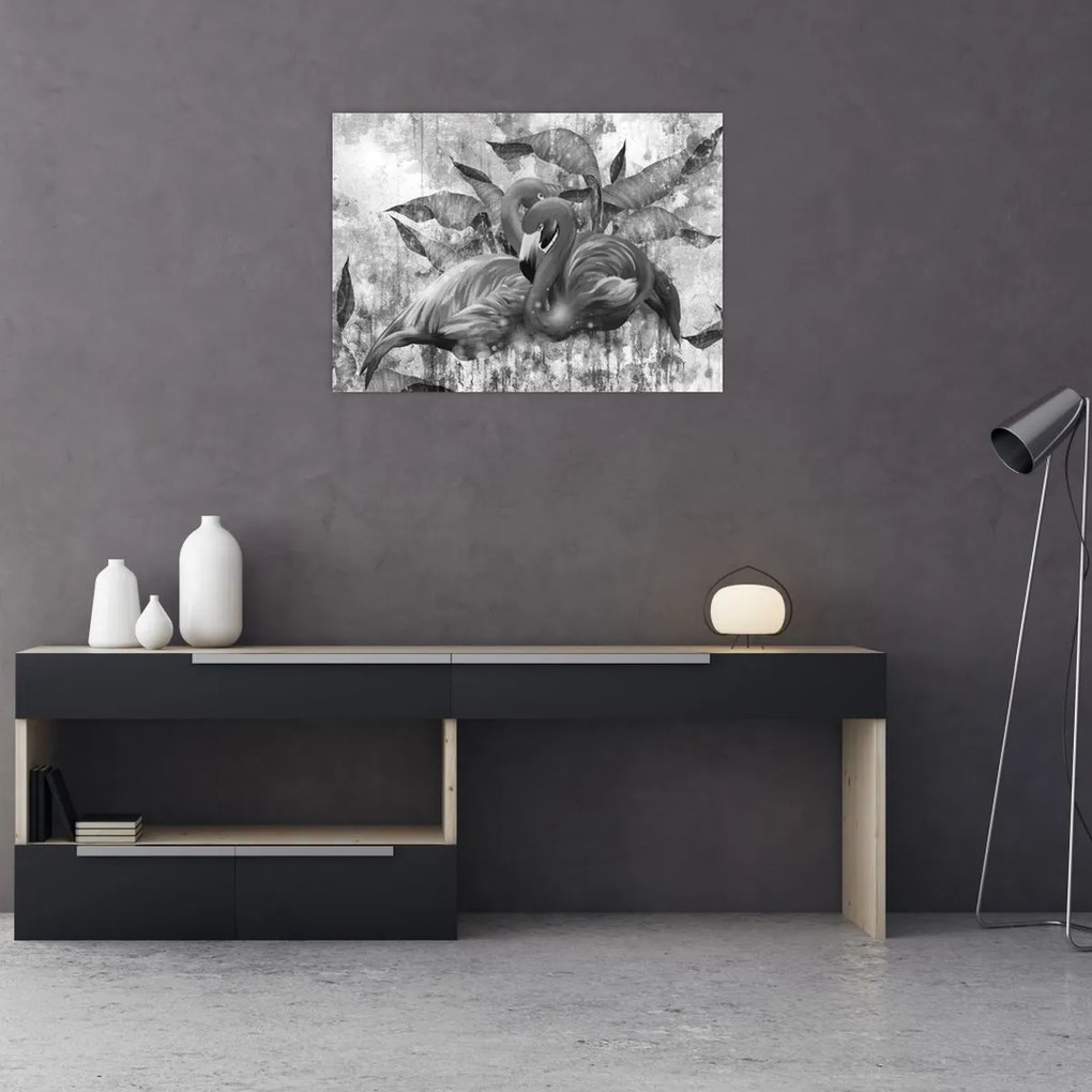 Tablou pe sticlă - Graffiti cu flamingo (70x50 cm)