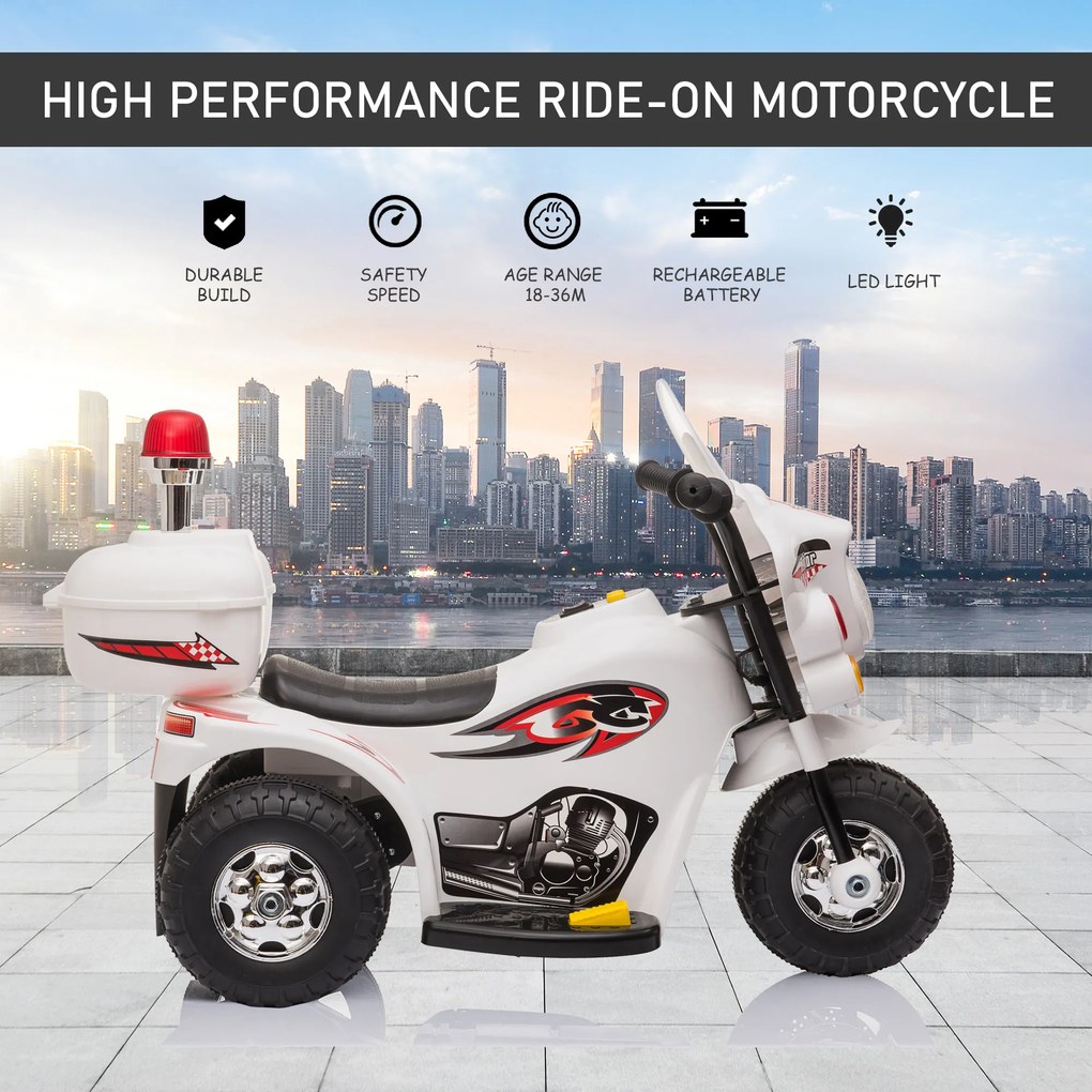 Motocicleta Electrica pentru copii HOMCOM 18-36 luni, baterie de 6V, PP Otel, Alba | AOSOM RO