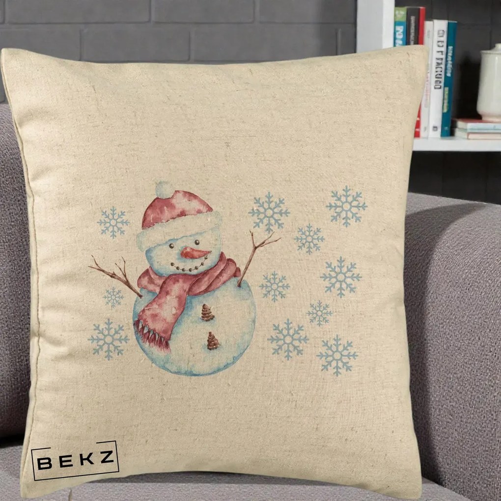 Perna Decorativa Om de Zapada Rosu cu Fulgi, 40x40 cm, Bej, Husa Detasabila, Perna Inclusa, BEKZ®