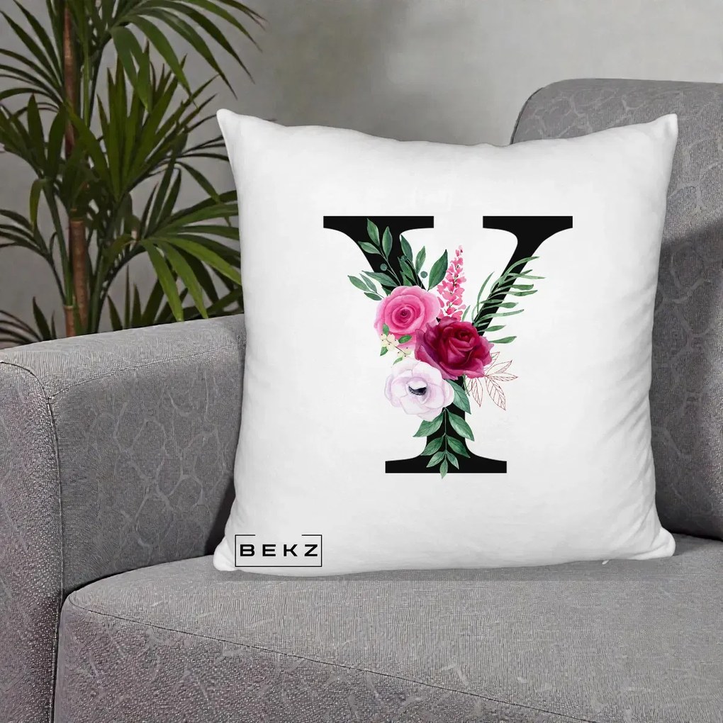Cadou Personalizat - Perna Personalizata Monograma Florala Litera Y cu Buchet, 40x40 cm, Alb Pufos, Husa Detasabila, Perna Inclusa, BEKZ®