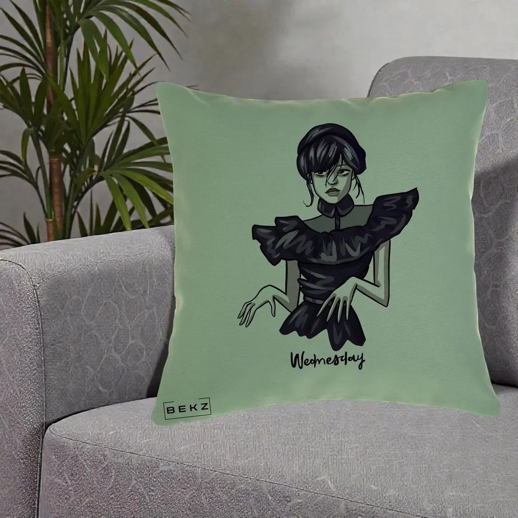 Perna Personalizata Wednesday Addams Dans Gotic, 40x40 cm, Verde, Husa Detasabila, Perna Inclusa, BEKZ®