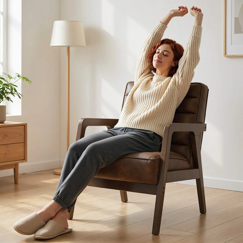 HOMCOM Fotoliu pentru living, fotoliu suplimentar tapițat din PU cu șezut lat, pernă groasă și structură din lemn masiv, maro | Aosom Romania