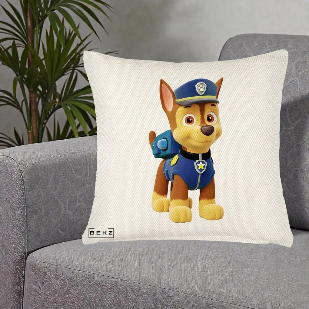 Perna Personalizata Chase PAW Patrol Albastru, 40x40 cm, Crem Reliefat, Husa Detasabila, Perna Inclusa, BEKZ®