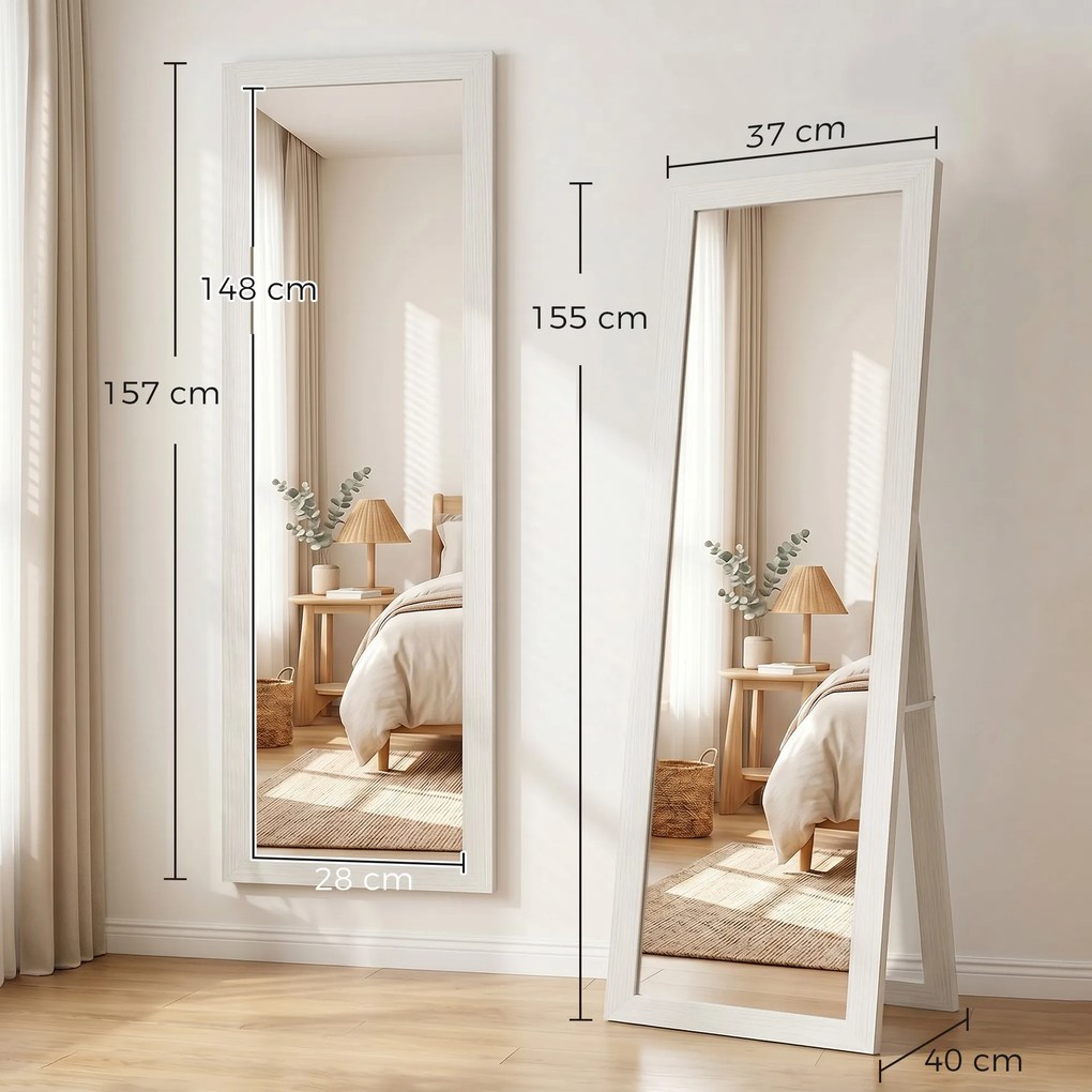HOMCOM Oglindă de Podea pe Toată Înălțimea, cu Ramă și Suport, din Lemn și Sticlă, 37x40x155 cm, Albă | Aosom Romania
