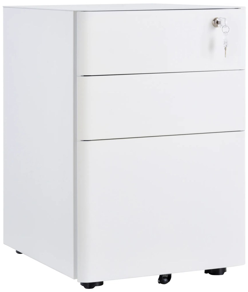 Vinsetto Fiset Metalic cu 3 Sertare și Sistem de Blocare, Mobilier de Birou pe Roti, 39x48x59cm, Design Compact, Alb | Aosom Romania