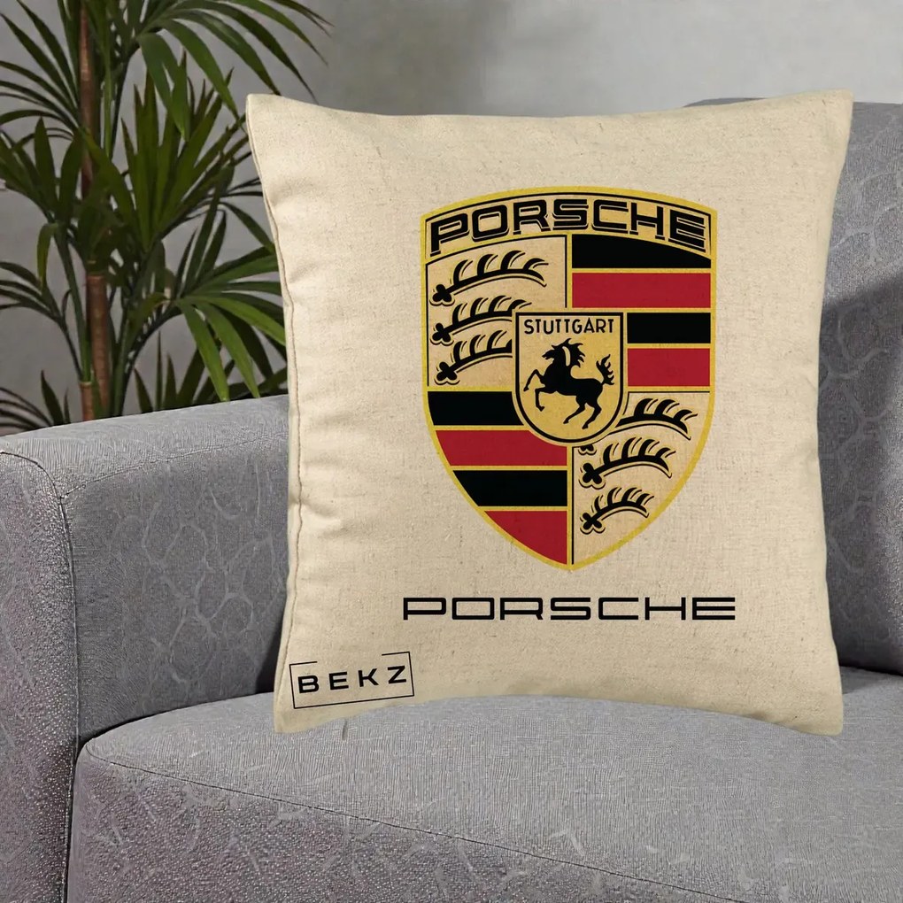 Perna Personalizata Porsche Stuttgart, 40x40 cm, Bej, Husa Detasabila, Perna Inclusa, BEKZ®