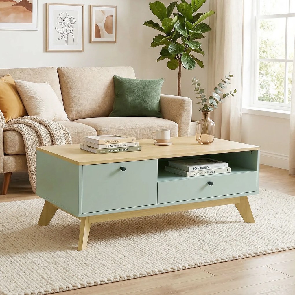 HOMCOM Masă de cafea pentru living, măsuță dreptunghiulară cu sertar, ușă și compartiment deschis, verde deschis și stejar | Aosom Romania