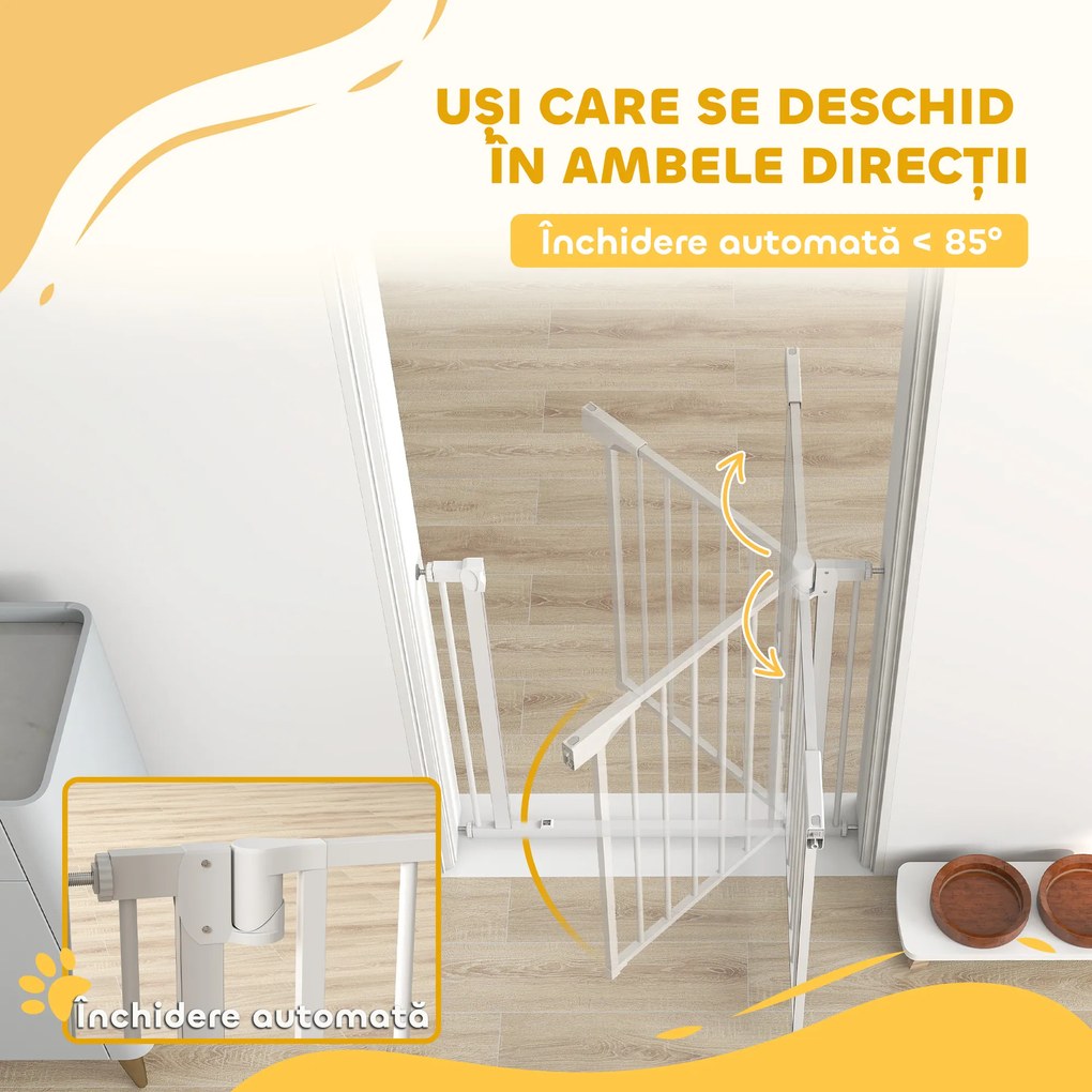 PawHut Poartă de Siguranță pentru Copii și Animale, Poartă pentru Câini cu Închidere Automată, Deschidere în Ambele Direcții, Montare prin Presiune, 76-82x76 cm, Alb | Aosom Romania